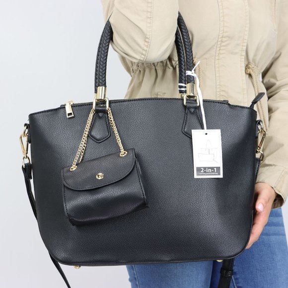 La Terre Handbags - Black Faux Leather Purse and Coin Purse 2 in 1 Set Tote Cross Body Shoulder Bag